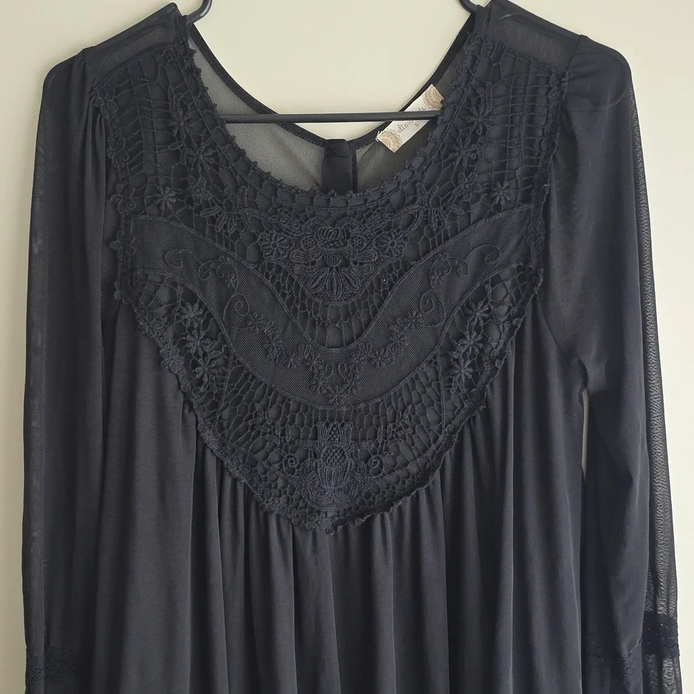 Altar'd State Black Crochet Lace Bell Sleeve Boho Mini Dress - Picture 4 of 13
